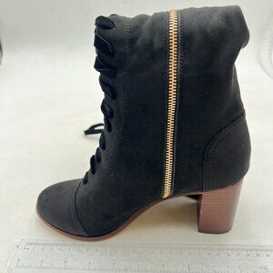 Black Round Toe Chunky Block Heel Side Zipper Knee High Riding Boots Laces Up